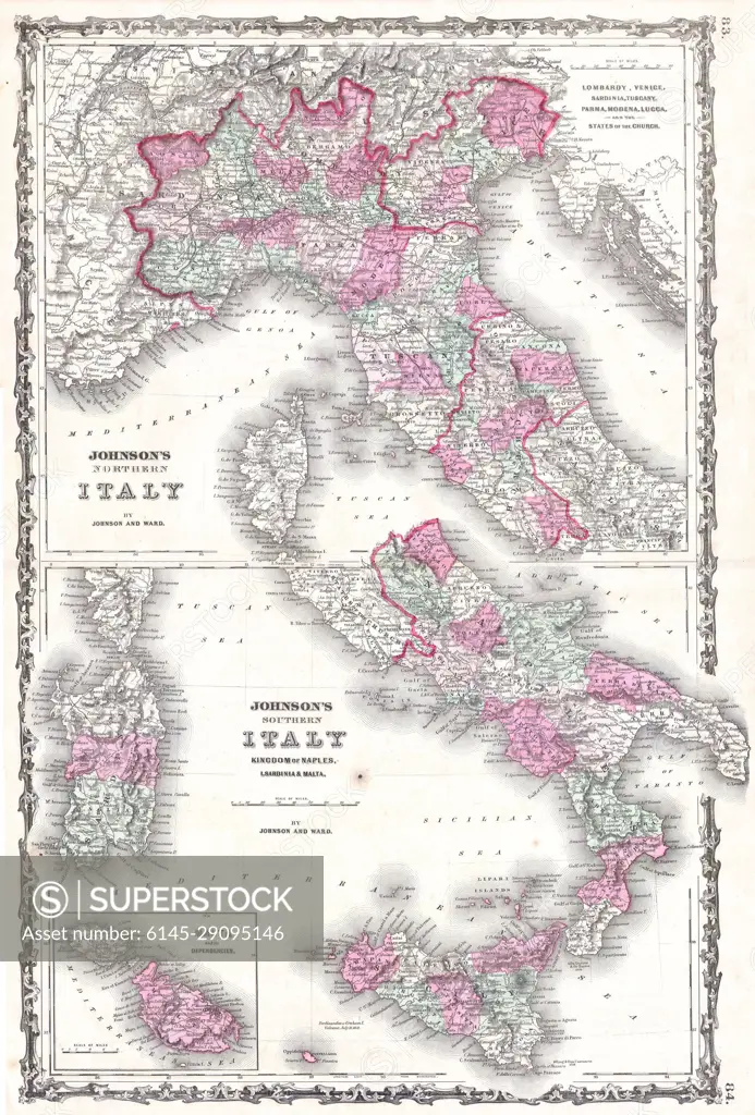 1862 Johnson Map of Italy, Naples Sicily