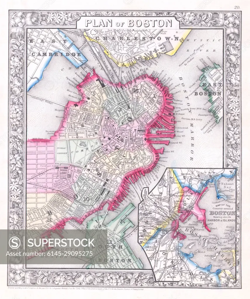 1864 Mitchell Map of Boston, Massachusetts