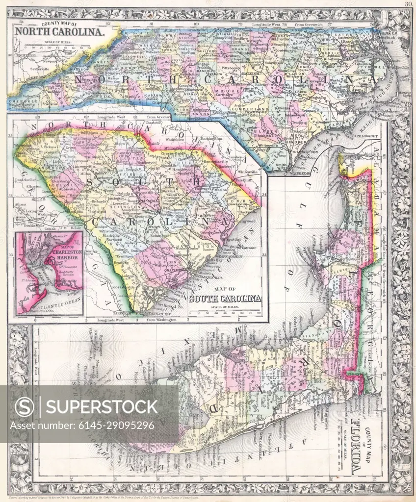 1864 Mitchell Map of North Carolina, South Carolina and Florida