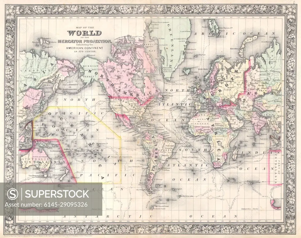 1864 Mitchell Map of the World on Mercator Projection