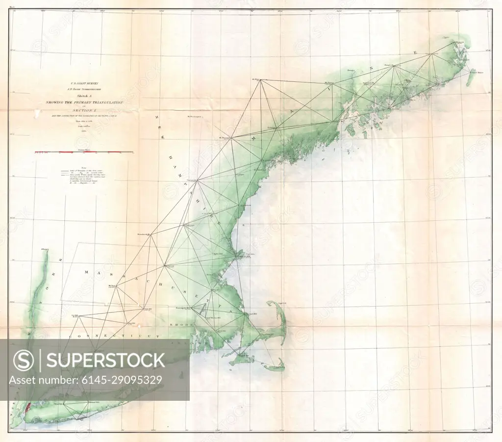 1864 U.S. Coast Survey Map or Trianguation Chart of New England