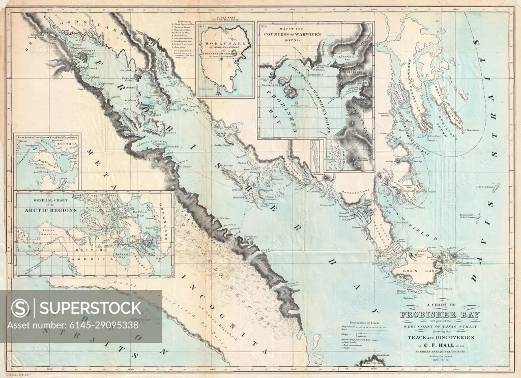 1865 Hall Map of Frobisher Bay, Baffin Island, Canada (important Arctic Exploration Map)
