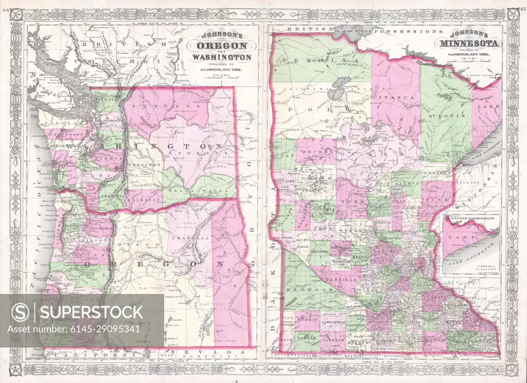 1865 Johnson Map of Washington, Oregon Minnesota