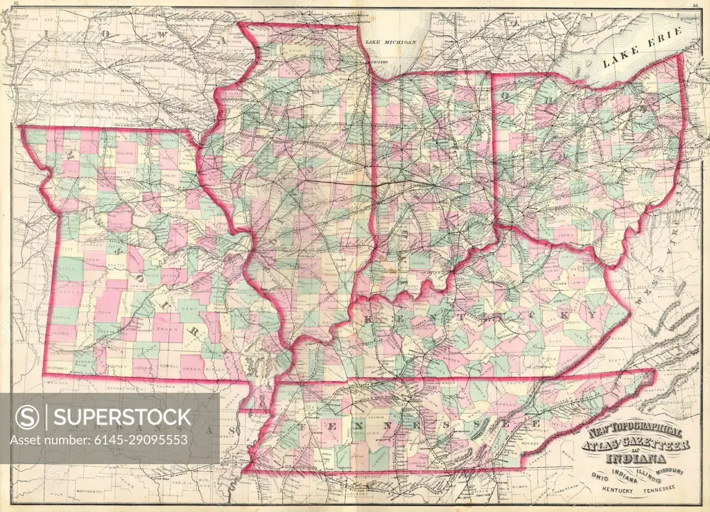 1873 Asher Adams Map of the Midwest ( Ohio, Indiana, Illinois, Missouri, Kentucky )