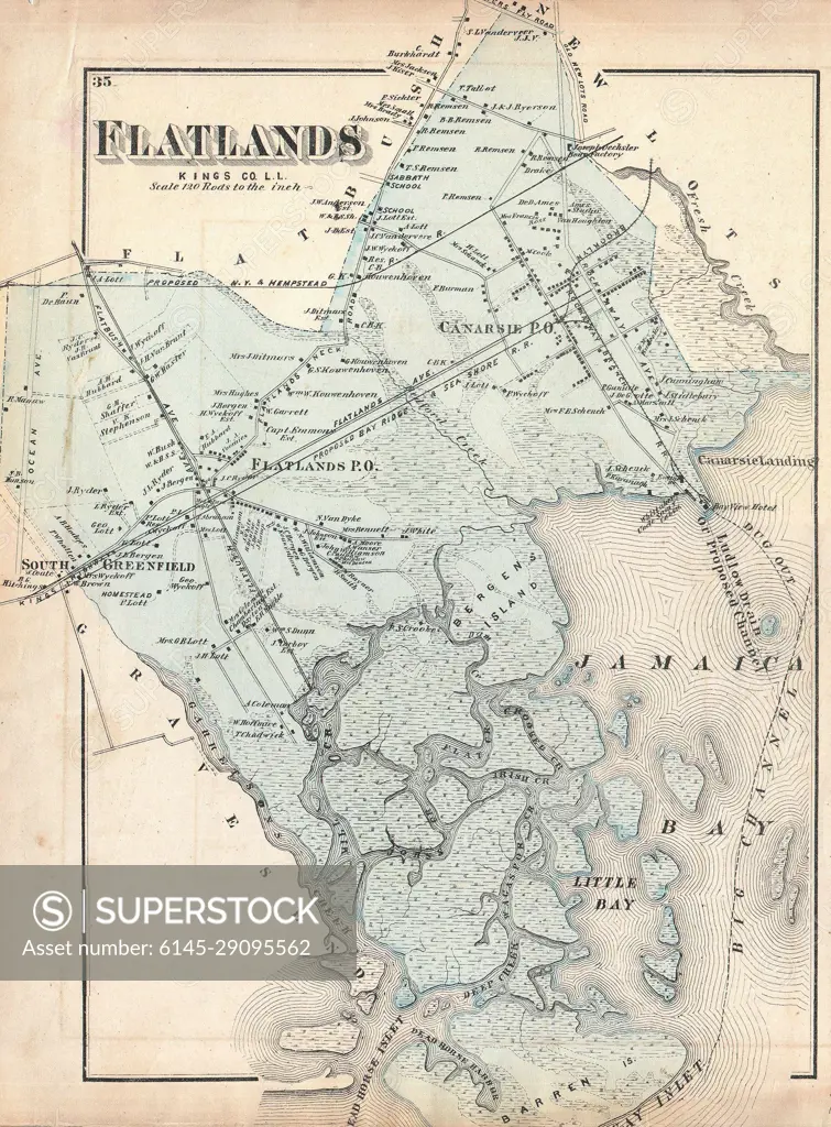 1873 Beers Map of Flatlands, Brooklyn, New York City (Jamaica Bay, Canarsie)