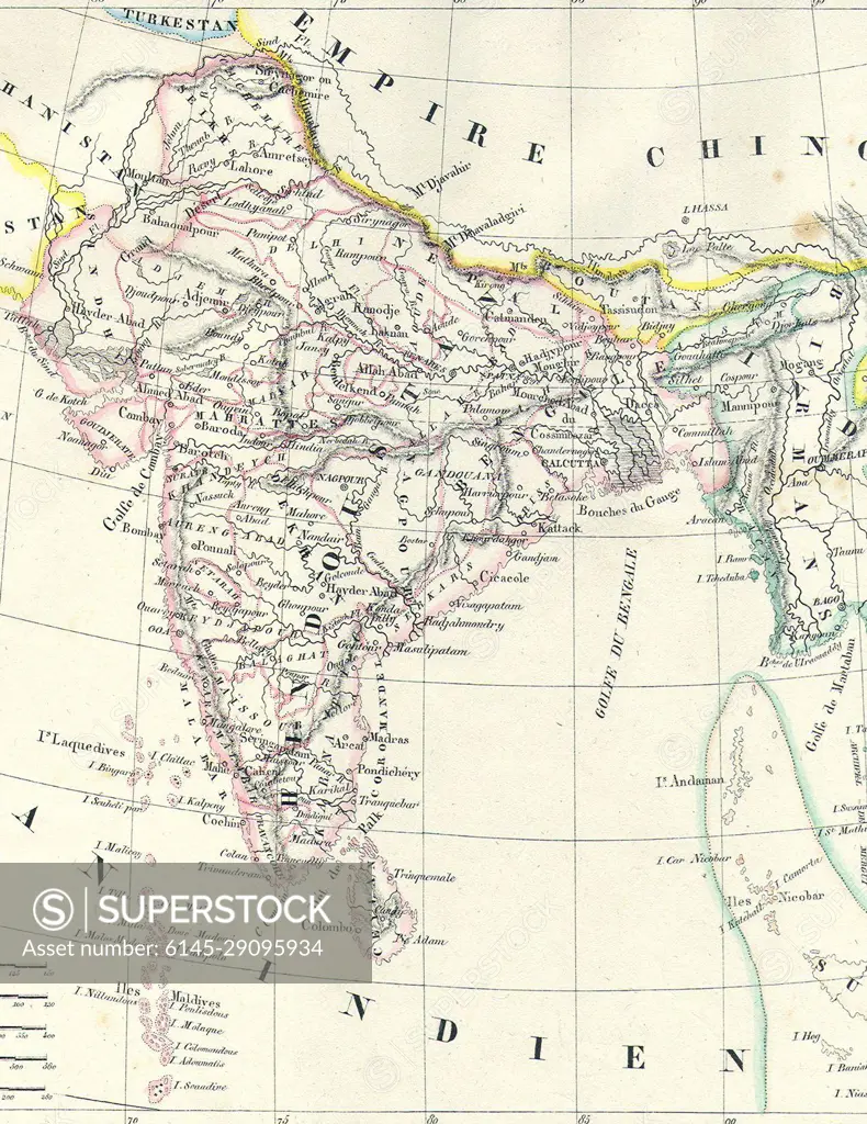 Map of India in 1837 from Malte-Brun Map of India, Burma and Southeast Asia (cropped)