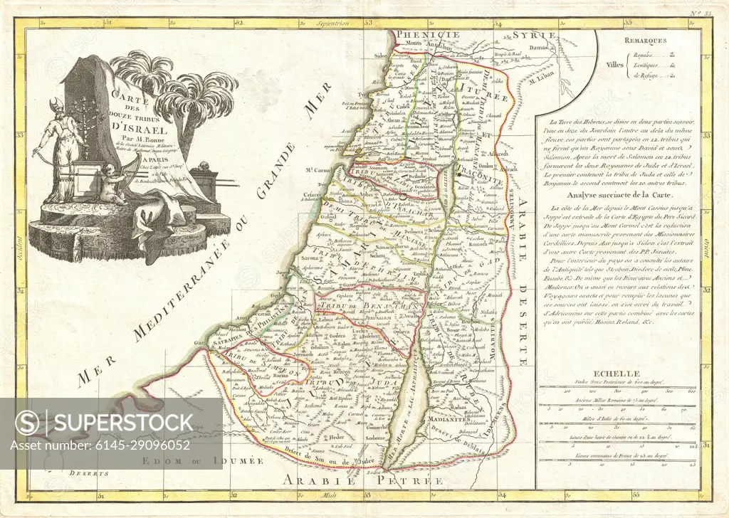 1770 Bonne Map of Israel showing the Twelve Tribes