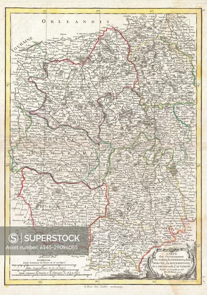 1771 Bonne Map of the Auvergne, Limosin, Bourbonnais, and Berri, France