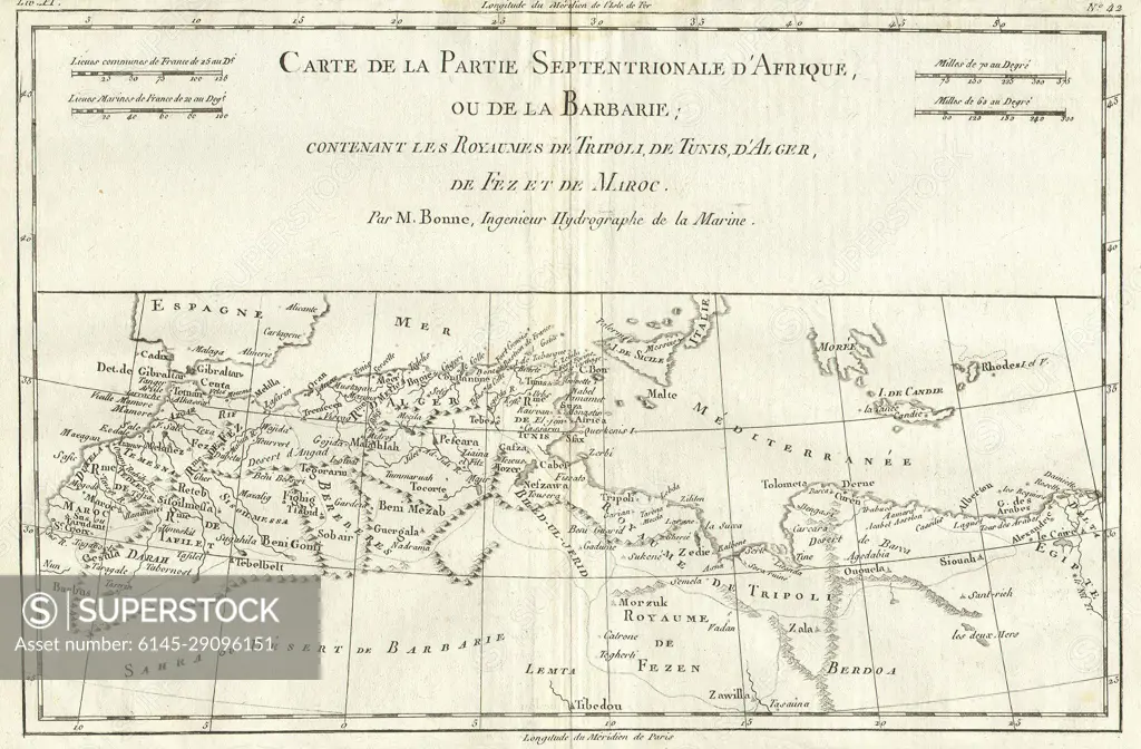 1780 Bonne Map of North Africa and the Western Mediterranean, Barbary Coast