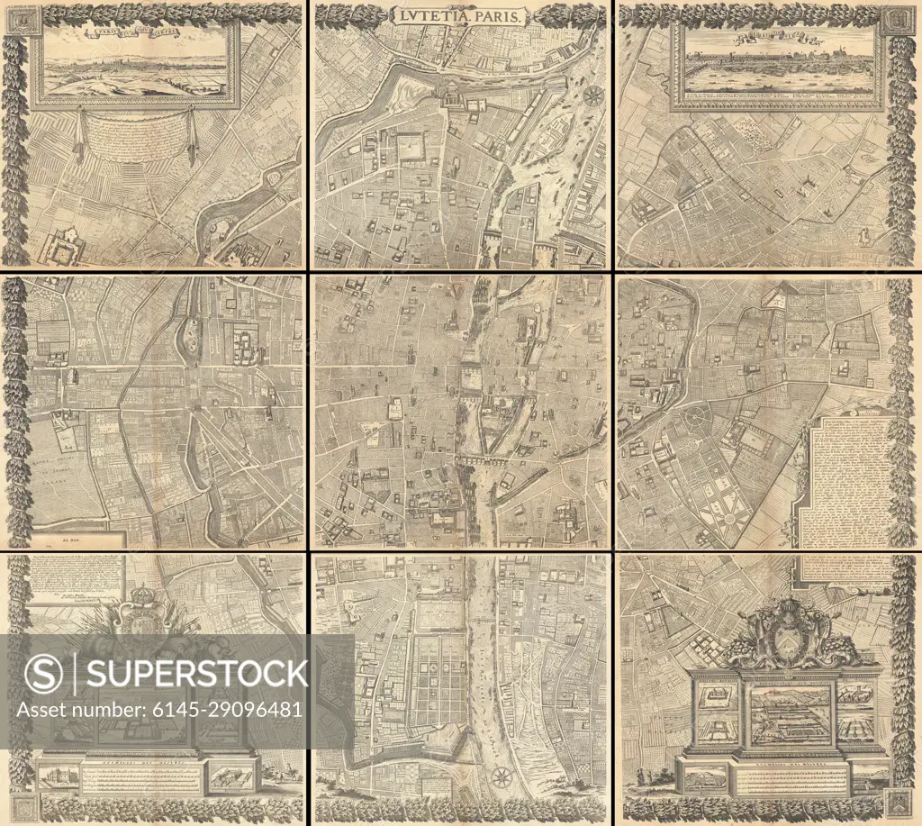1652 Gomboust 9 Panel Map of Paris, France (c. 1900 Taride reissue)