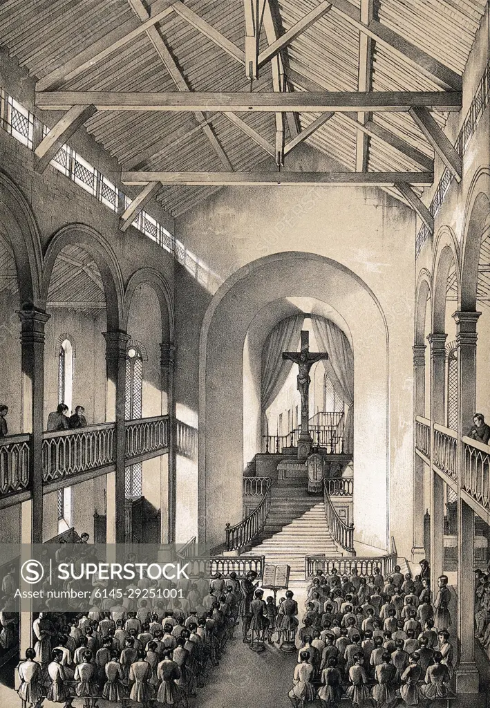 Mettray penal colony, Mettray, France: a service in the chapel, seen from the gallery. Lithograph by Faivre after A. Thierry.