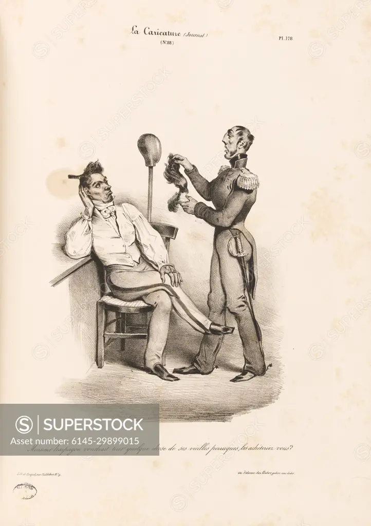 Mr. Harpagon would like to draw something from his old wigs, would you buy them Charles Joseph Travies of Villers, says Traviès (1804-1859). Press cartoon. "Mr. Harpagon would like to draw something from his old wigs, would buy them". Board published in "caricature" of July 12, 1832. Lithography. Paris, House of Balzac.
