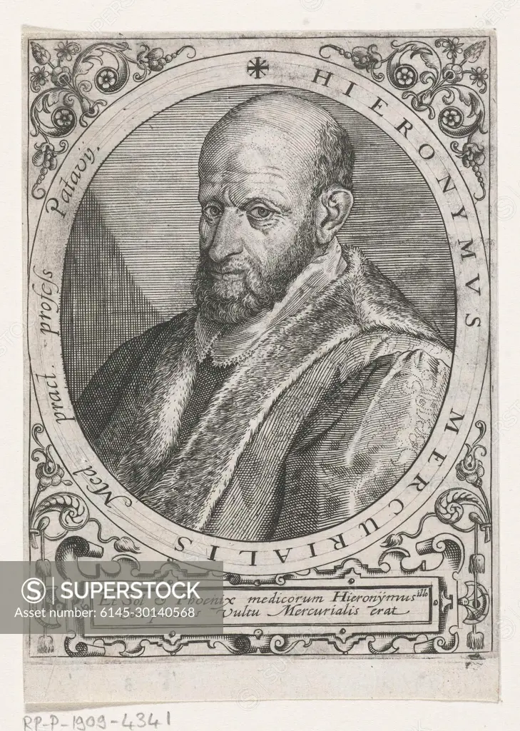 Portret van Girolamo Mercuriale; Hieronymus Mercurialis.Portrait of the doctor girolamo mercurial, in oval with peripheral. In a decorative frame with a cartouche with a latin fresh. Page from a book with text on the verso.