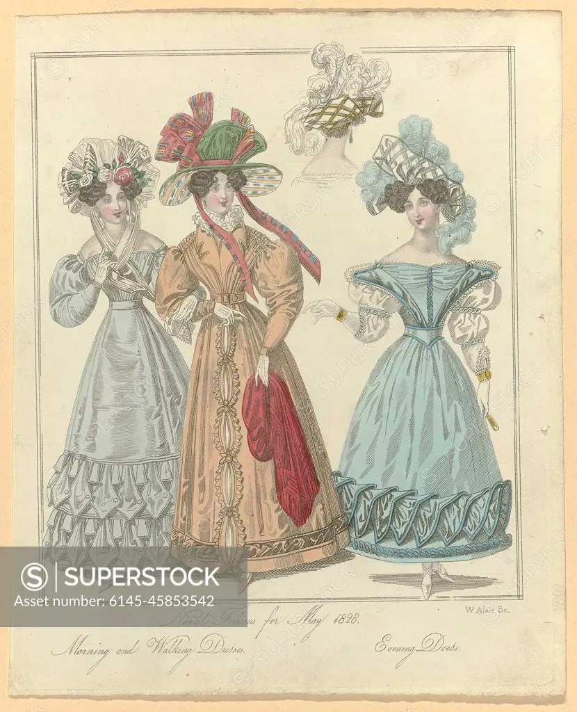 The World of Fashion, May 1828: Morning and Walking Dresses (). Latest  modes for May 1828. Three women in a morning juke, hiking gown and evening  dress. Accessories: hat, hat with bow