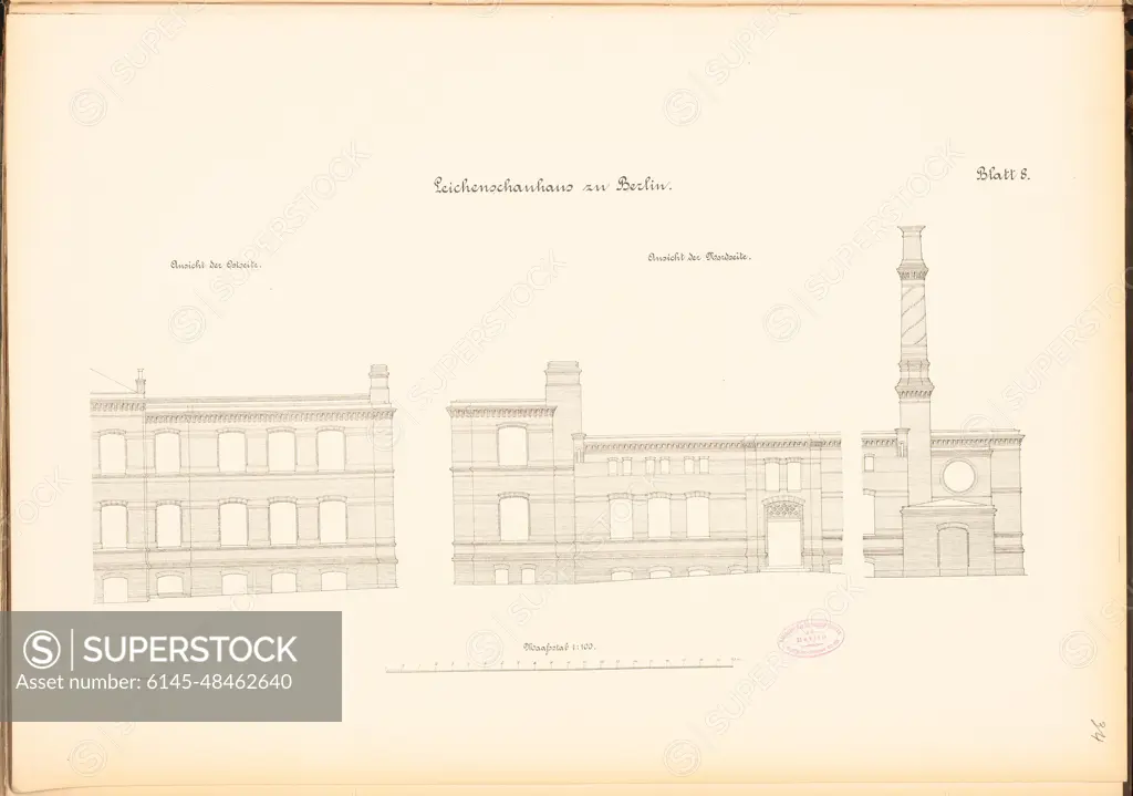 Unknown architect, Charité Leichenschauhaus, Berlin (approx. 1885): Views of the east and north side 1: 100. Lithograph on paper, 48.6 x 69.2 cm (including scan edges) N.N. : Leichenschauhaus der Charité, Berlin