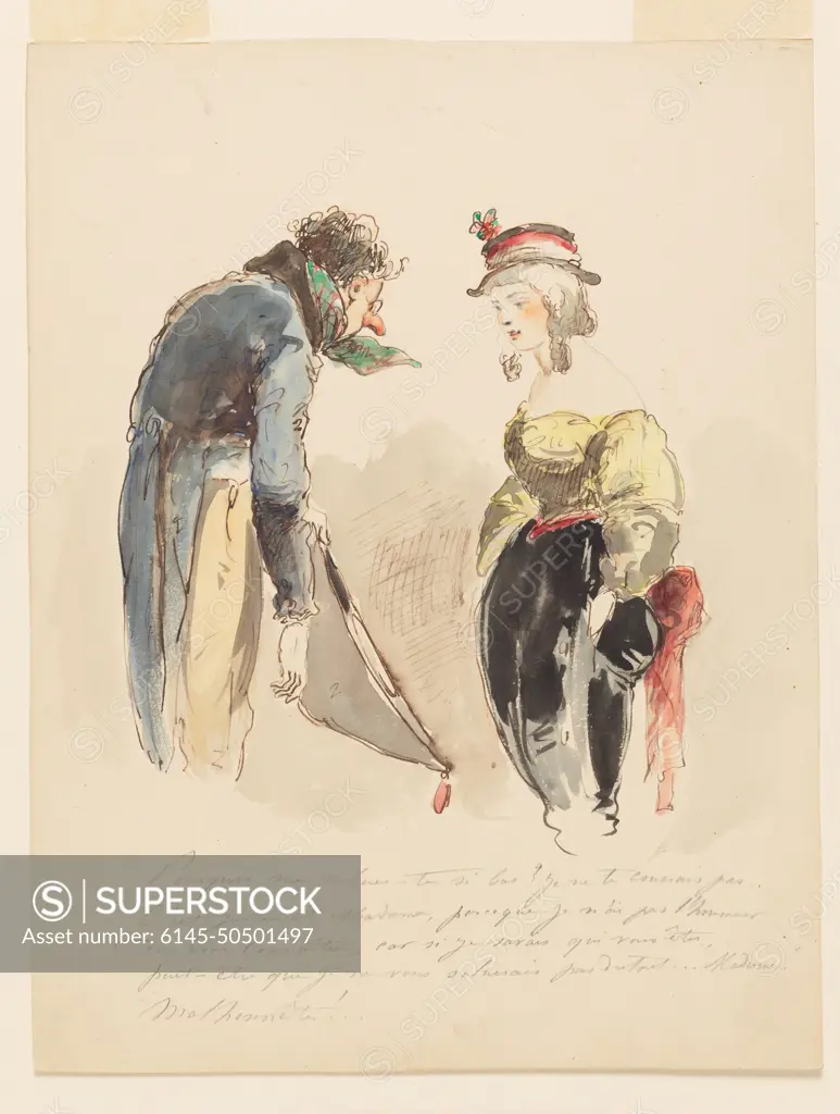 Drawing, The Salutation at the Masquerade; Designed by Edouard de Beaumont  (French, 1821 - 1888); France; pen and ink, brush and watercolor on bristol  board - SuperStock