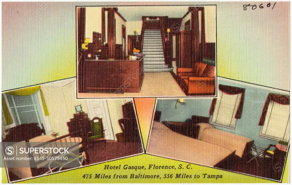 Hotel Gasque, Florence, S. C., 475 miles from Baltimore, 556 miles to Tampa  , Motels, Tichnor Brothers Collection, postcards of the United States -  SuperStock