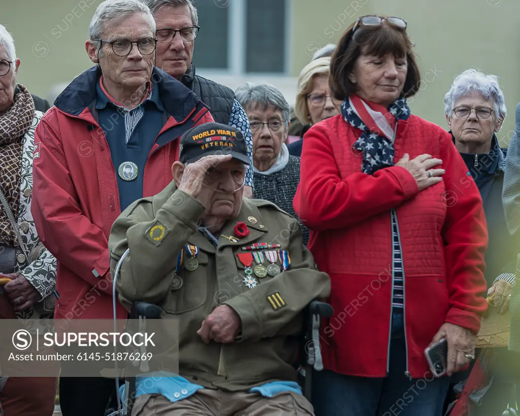 97-year-old American World War II veteran, George Merz, renders a salute, June 3, 2022, during the D-Day 78th Anniversary Events, at Montebourg, Normandie, France. George Merz enlisted in the army on May 12, 1943, was assigned to the 818th Military Police Company and landed in Normandy on June 13, 1944.