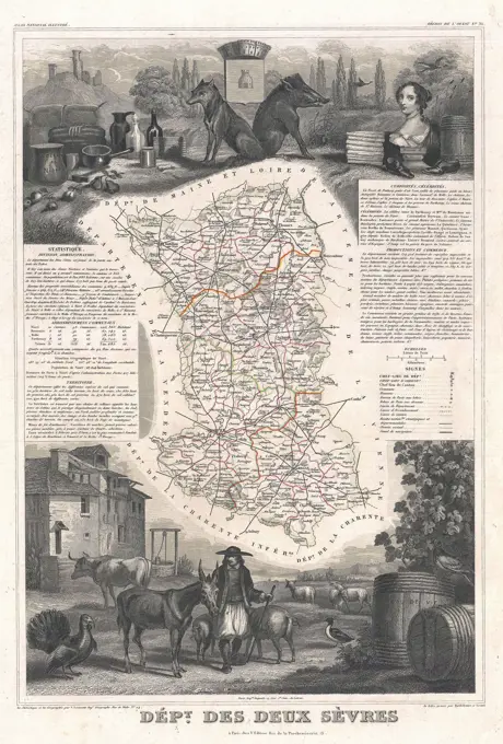 1852 Levasseur Map of the Department Des Deux Sevres, France (Chabichou Cheese Region)