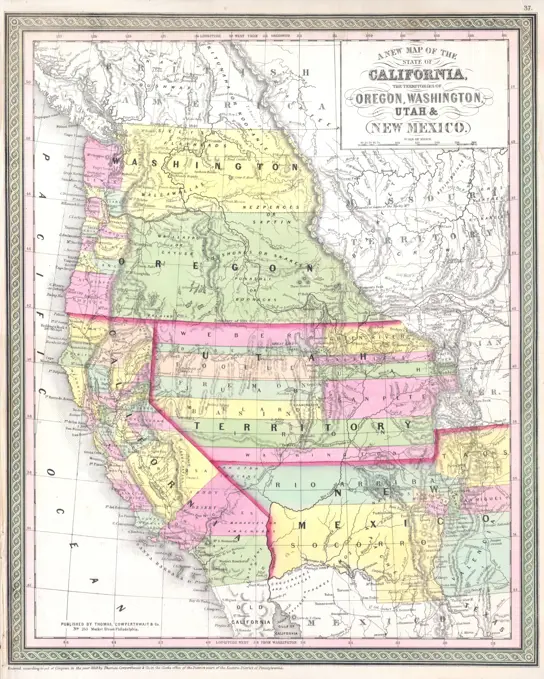 1853 Mitchell Map of California, Oregon, Washington, Utah New Mexico