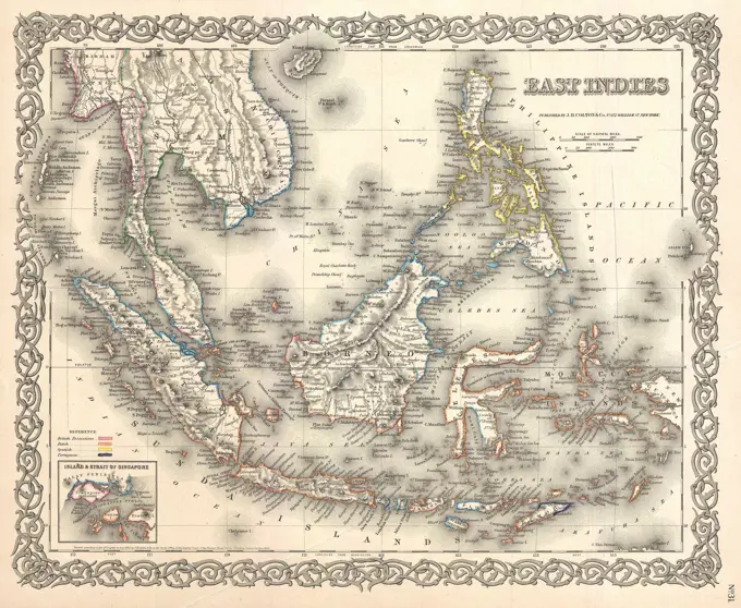 1855 Colton Map of the East Indies (Singapore, Thailand, Borneo, Malaysia)