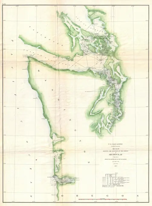 1857 U.S. Coast Survey Chart or Map of the Washington Coast, Puget Sound, Vancouver