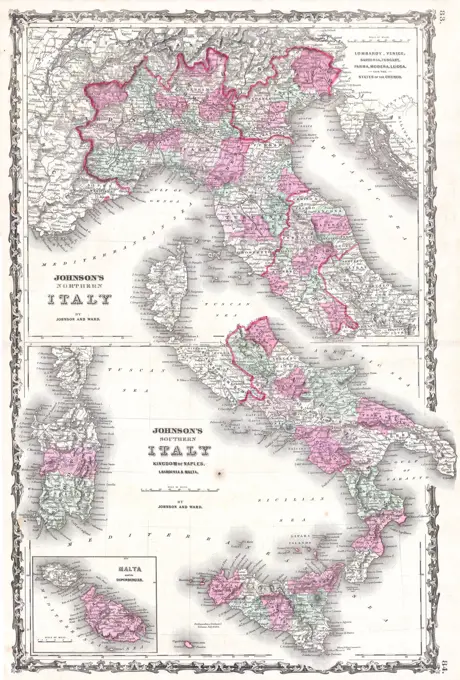 1862 Johnson Map of Italy, Naples Sicily