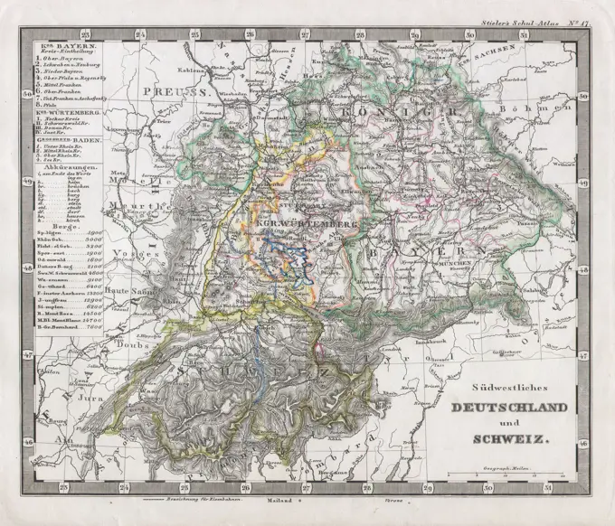 1862 Stieler Map of Southern Germany and Switzerland