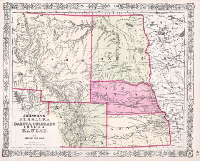 1863 Johnson's Map of Colorado, Dakota, Idaho, Nebraska Kansas