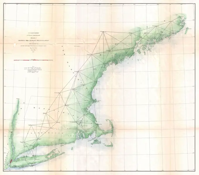 1864 U.S. Coast Survey Map or Trianguation Chart of New England
