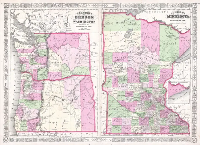 1865 Johnson Map of Washington, Oregon Minnesota