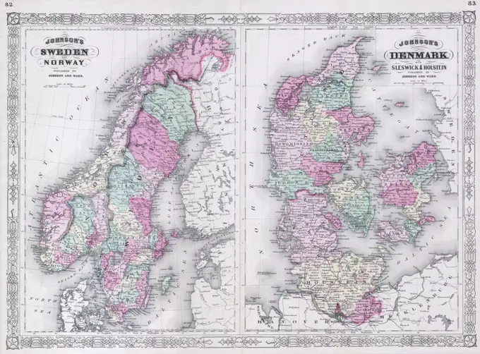 1865 Johnson Map of Sweden, Norway and Denmark