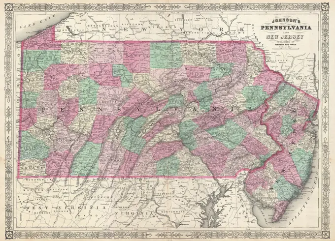 1866 Johnson Map of Pennsylvania and New Jersey
