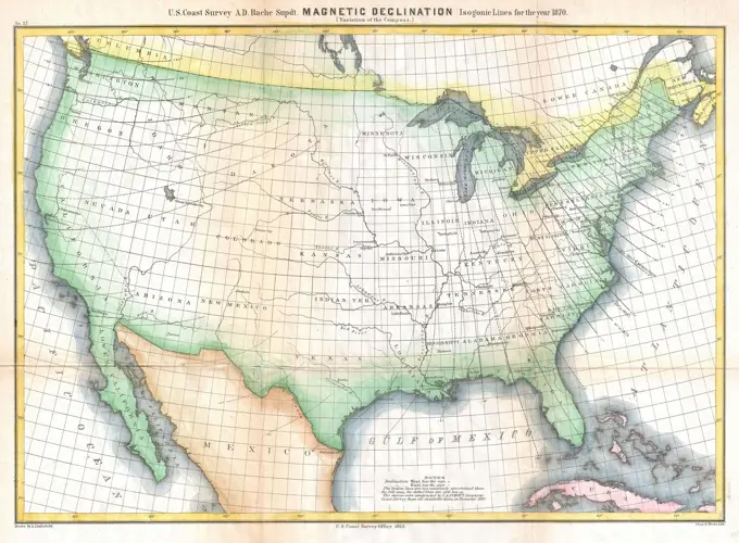1870 U.S. Coast Survey Map Showing Magnetic Declination in the United States