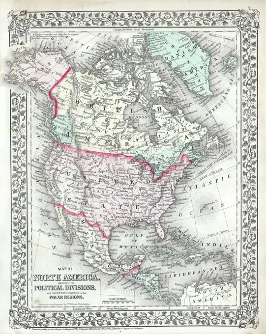 1874 Mitchell Map of North America the United States