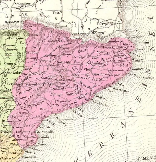 Catalonia. 1850 Mitchell Map of Spain and Portugal