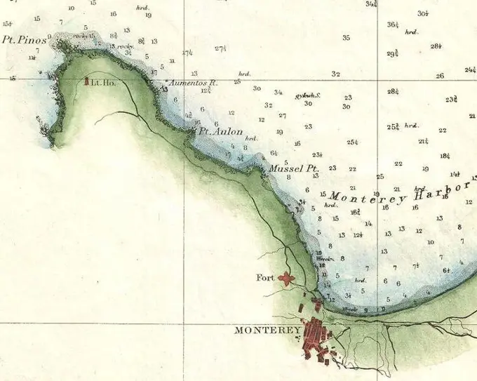 Map of Monterey Bay and Point Pinos Lighthouse detail in 1857 U.S. Coast Survey Map of Monterey Bay, California