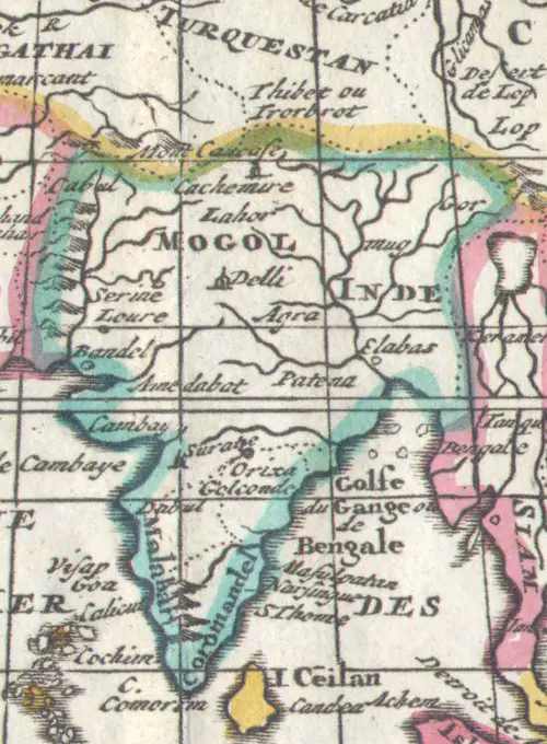 Map of Tibet 1706 ( Thibet or Trorbrot ) and India (cropped)