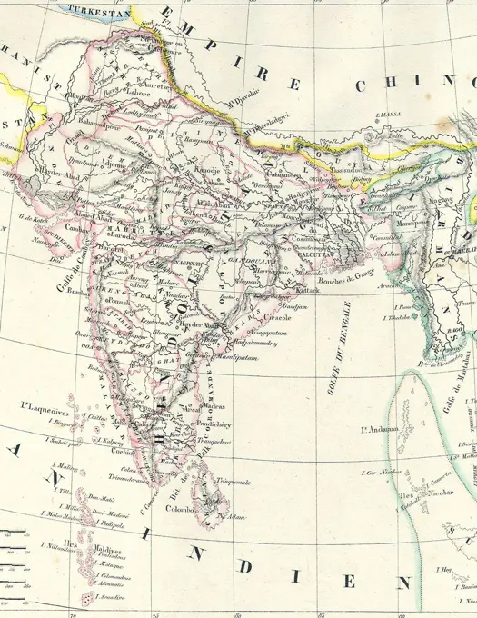Map of India in 1837 from Malte-Brun Map of India, Burma and Southeast Asia (cropped)