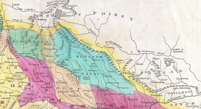 Map of Tibet in 1821 Carey Map of India