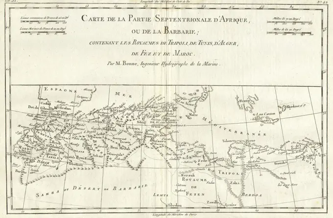 1780 Bonne Map of North Africa and the Western Mediterranean, Barbary Coast