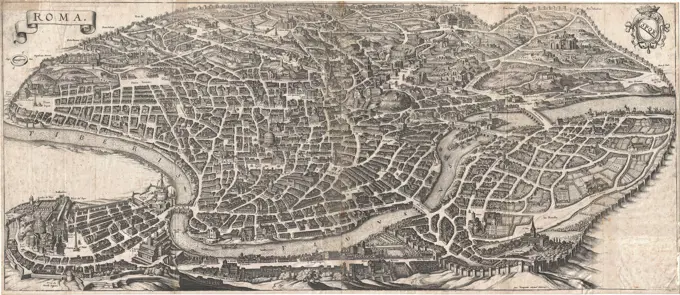 1652 Merian Panoramic View or Map of Rome, Italy