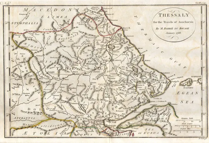 1788 Bocage Map of Thessaly in Ancient Greece ( the home of Achilles)