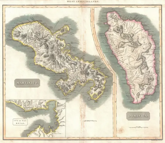 1814 Thomson Map of Martinique and Dominica ( West Indies )