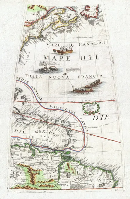 1688 Coronelli Globe Gore Map of NE North America, the West Indies, and NE South America