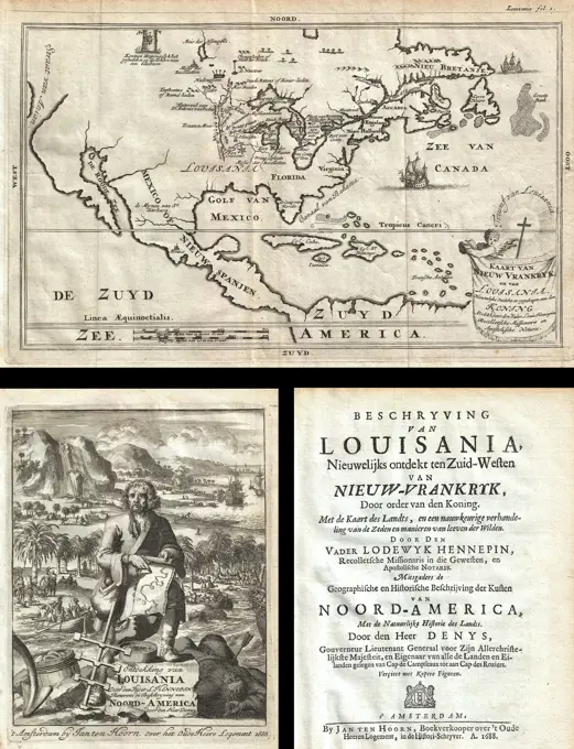 1688 Hennepin First Book and Map of North America (first printed map to name Louisiana)