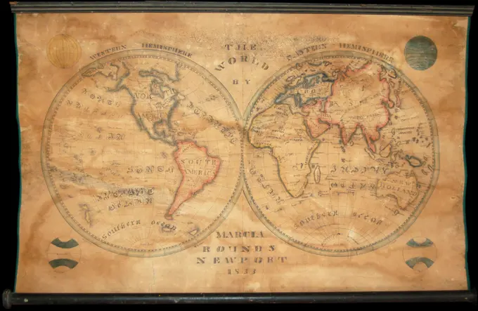 1833 School Girl Manuscript Wall Map of the World on Hemisphere Projection (Marcia Rounds of Newport