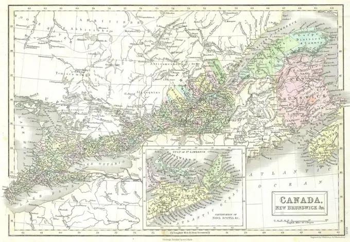 1851 Black Map of Eastern Canada ( Ontario, New Brunswick)