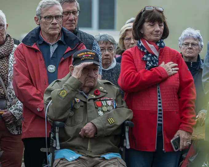 97-year-old American World War II veteran, George Merz, renders a salute, June 3, 2022, during the D-Day 78th Anniversary Events, at Montebourg, Normandie, France. George Merz enlisted in the army on May 12, 1943, was assigned to the 818th Military Police Company and landed in Normandy on June 13, 1944.