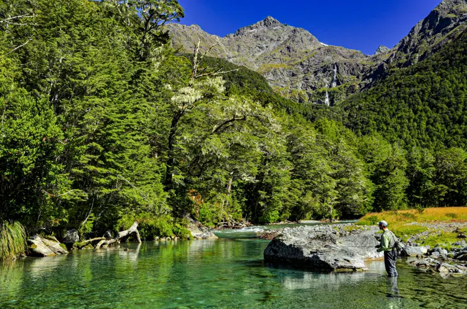 Fly Fishing the Routeburn River in New Zealand.